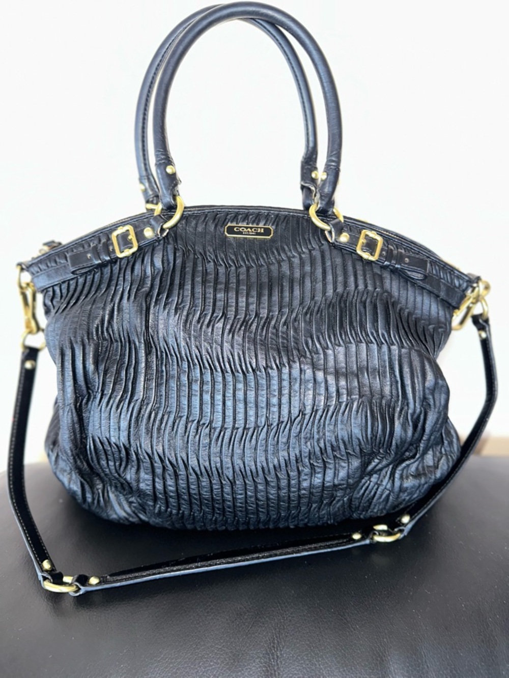 Coach Madison Sophia Gathered Leather Black Large Satchel • Gold Hardware • EUC